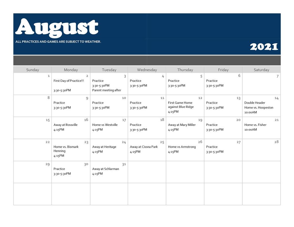 August practice schedule